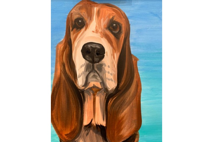Painting of a Basset Hound with a blue background