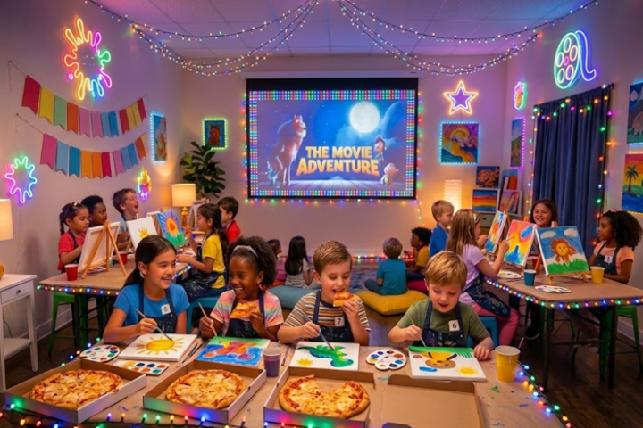 Children enjoying painting and pizza in a vibrant, decorated room with a movie screen.