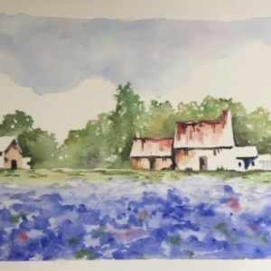 Watercolor Barn in a Field