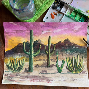 CACTI AT SUNRISE, MOUNTAIN BACKGROUND