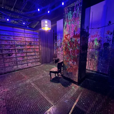 a room that has a sign on the side of a building