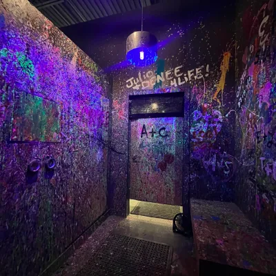 a view of a stone building lit up at night