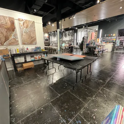 a large building in the rain